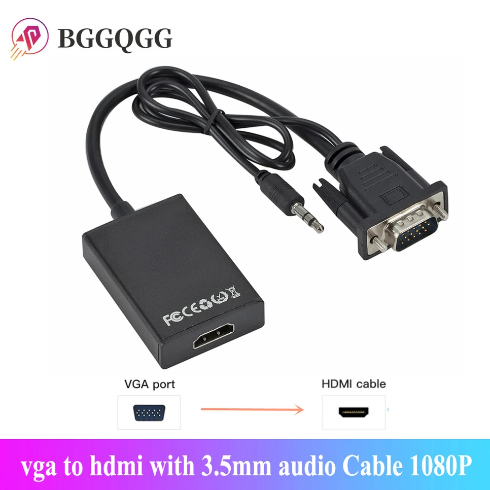 BGGQGG 1080P HD Vga To Hdmi with 3.5mm Audio Cable Vga To Hdmi Adapter for PCProjector Ps4 Laptop To HDTV  Video Audio Converter