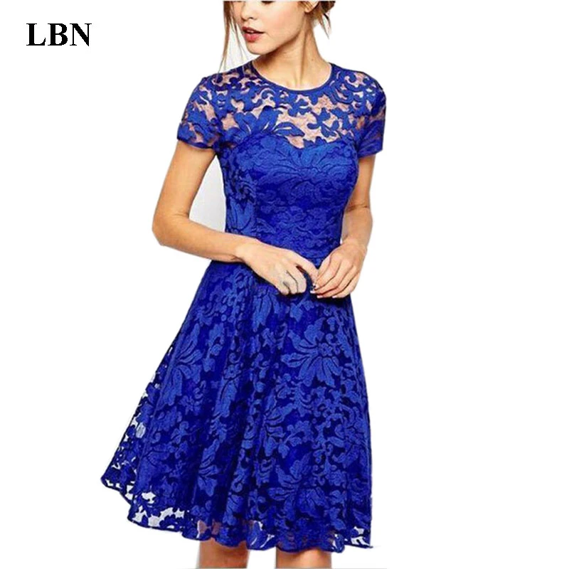 5XL Plus Size Dress Fashion Women Elegant Sweet Hallow Out Lace Dress Sexy Party Princess Slim Summer Dresses Vestidos Red Blue