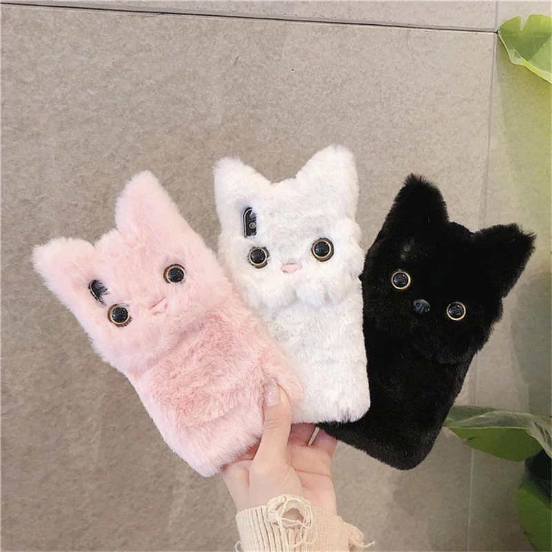 Cute Fluffy Cat Warm Case for Xiaomi Mi 10 10T 11 Lite A2 A3 POCO X3 M3 NFC Redmi 7A 8A 9A 9C Note 7 Pro 9S 8T 10 Fur Back Cover