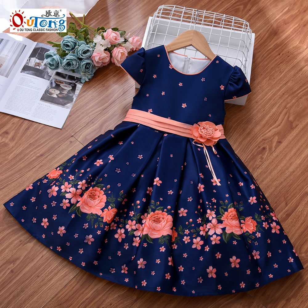 Outong 3 To 10 Year Old Girl Floral Short Sleeve Flower Print Dresses For Children Dresses Summer Cotton Soft Kids Clothes Girls