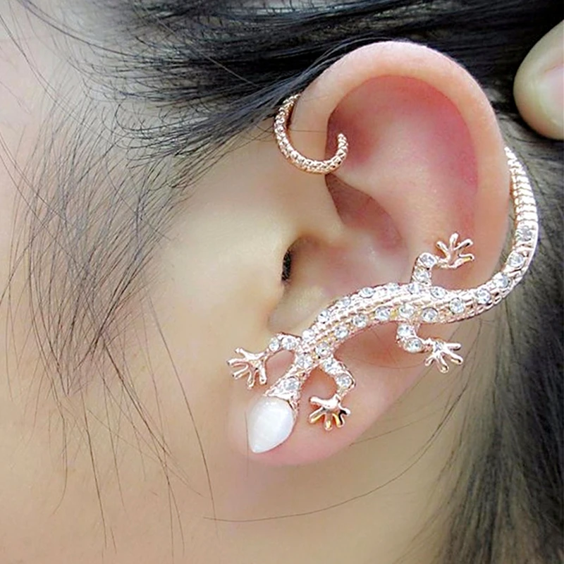 New Fashion Rhinestone Ear Cuff Earrings,luxury Elegant Rose Gold Color Exaggerated Gecko Lizards  Earrings  Fashion Earrings