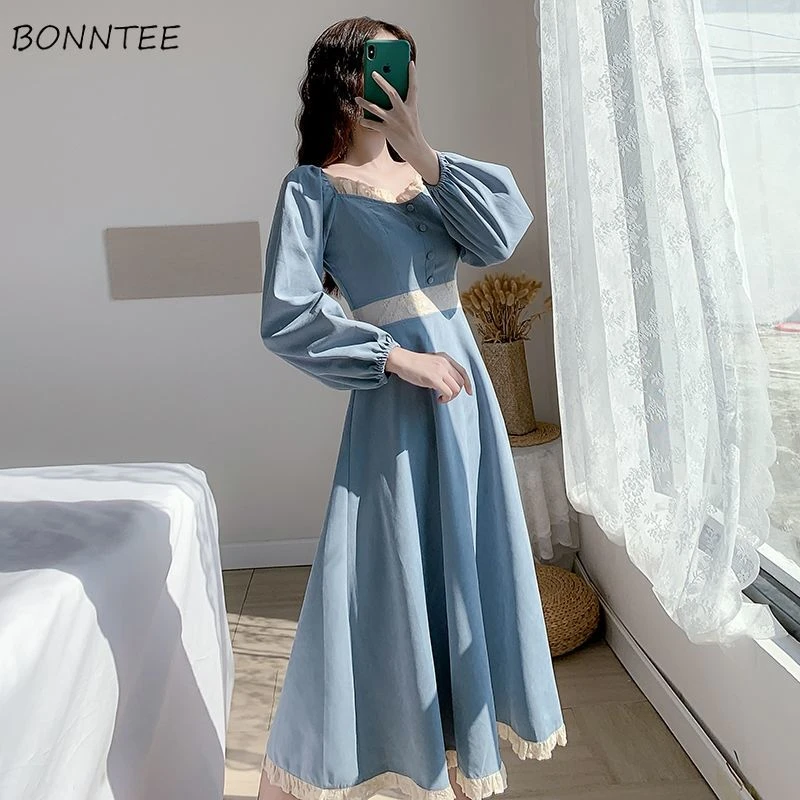 Long Sleeve Dress Women Vintage Autumn Lovely BF Empire Ladies A-Line Vestidos Blue Holiday Sweet New Lace Patchwork Puff Sleeve