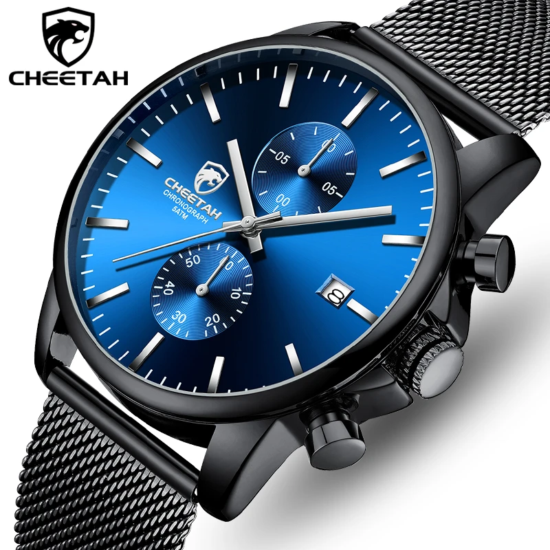 CHEETAH Brand Men Watch Fashion Business Quartz Wrist Watches Stainless Steel Mesh Chronograph Male Clock Date Relogio Masculino
