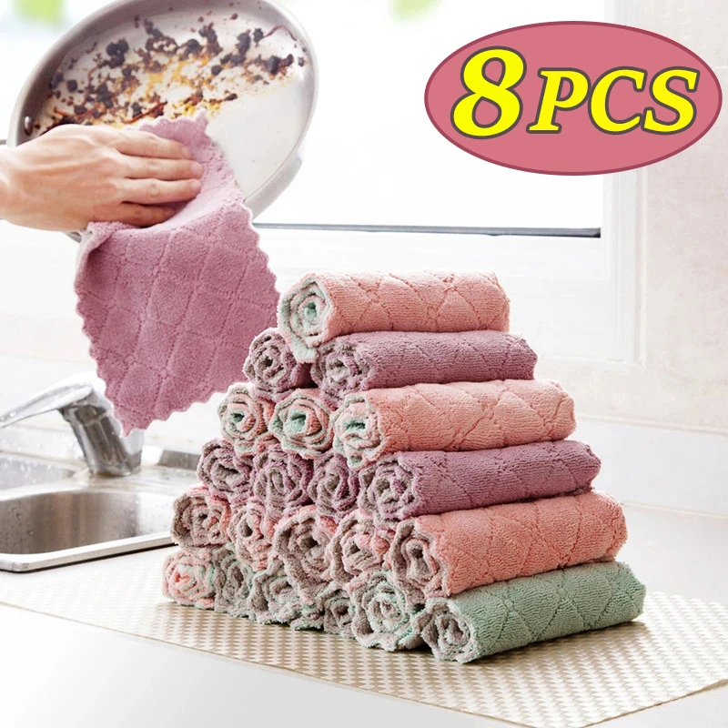 8PCS Microfiber Towel Absorbent Kitchen Cleaning Cloths Non-stick Oil Dish Towel Rags Napkins Tableware Household Cleaning Towel