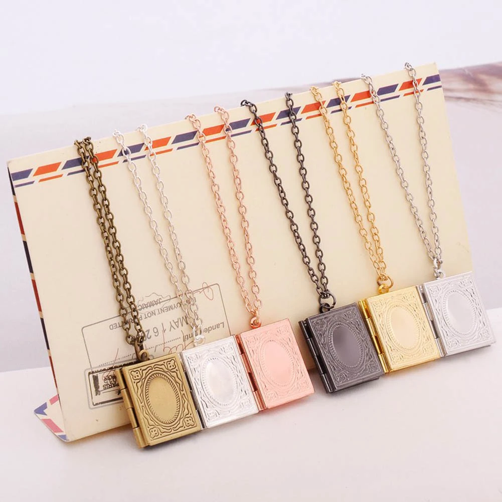 1pc Fashion Carved Vintage Book Locket Necklace Secret Hiding Place Photo Locket Necklace Book Box Photo Locket Pendant Necklace