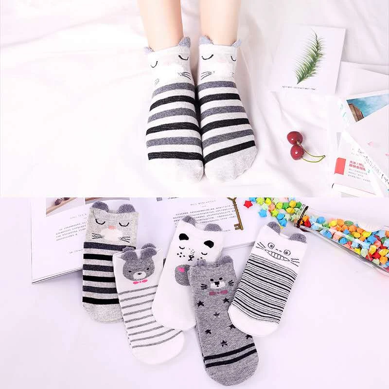 5 Pairs Lot Cotton Women Socks Female Casual Boat 3D Pack Cartoon Harajuku Animal Unicron Cat Cute Funny Girl Ankle Set Slippers