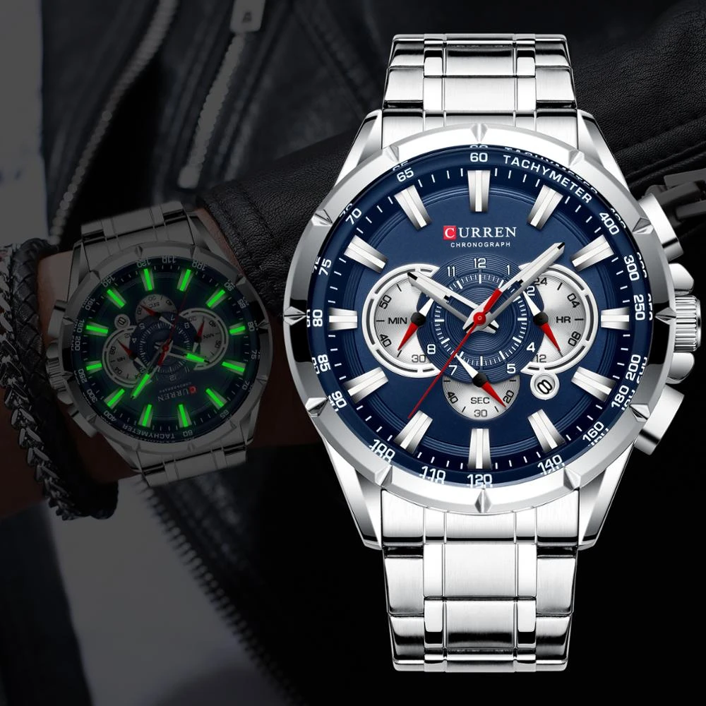 CURREN Men Watches Top Luxury Brand Sport Watch Blue Chronograph Quartz Man Wristwatches Stainless Steel Male Clock Reloj Hombre