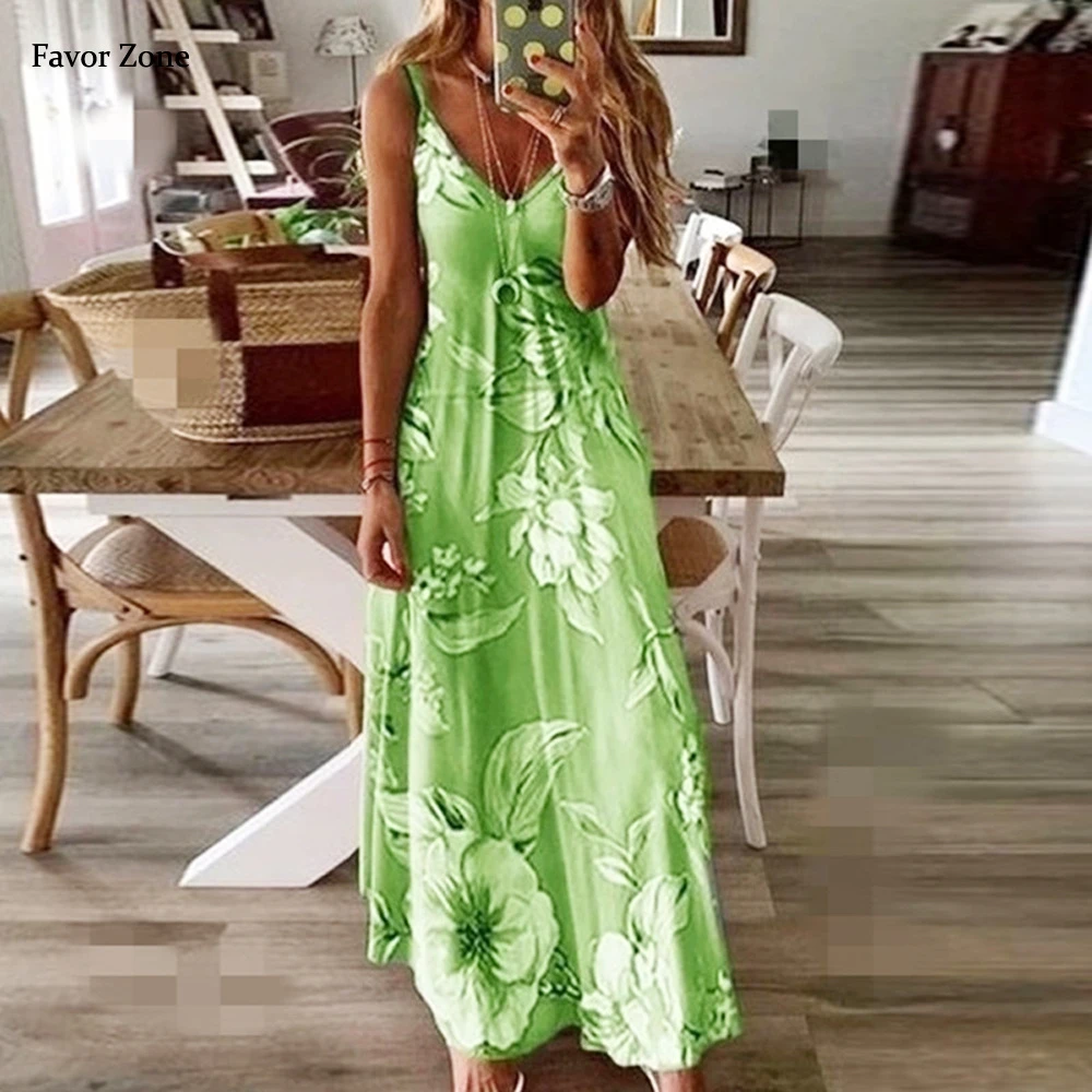 Summer Sexy Bohemian Beach Vacation Long Dress Women 2021 Spaghetti Strap Sleeveless Floral Print V-neck Boho Maxi Party Dresses