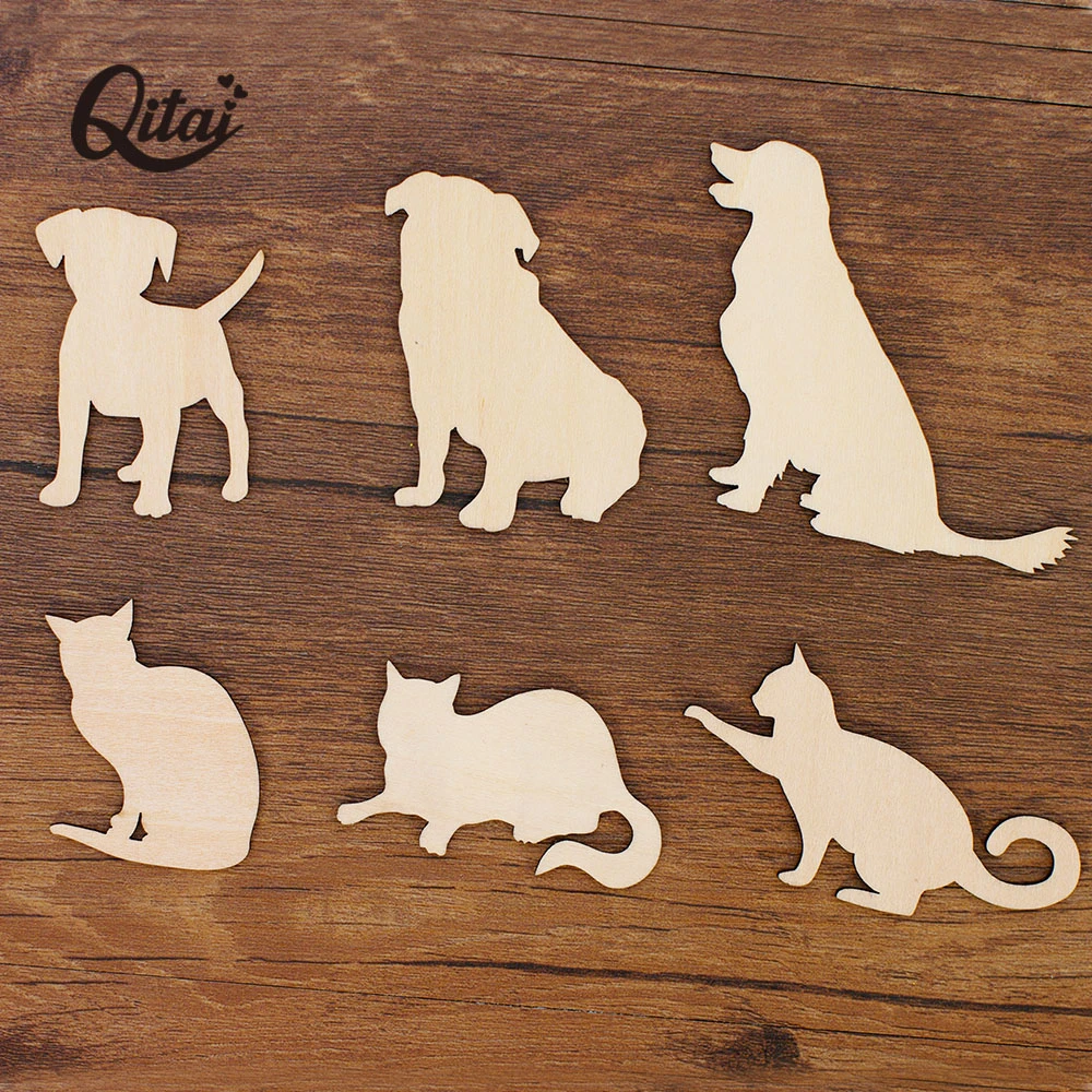 Wooden Chip Cats And Dogs 24PCS/SET Cute Anminal Shapes QITAI Home Decoration  DIY Scrapbooking Crafts Pets Wooden Chip WF244