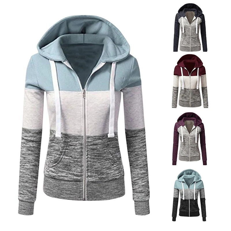 Women Sweatshirts Autumn Winter Hoodies Long Sleeve Hoody Ladies Zipper Pocket Patchwork Hooded Sweatshirt Female Outwear