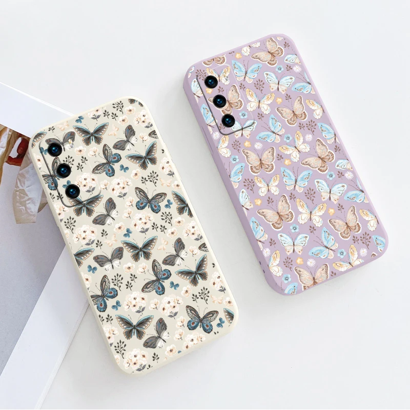 Butterfly Liquid Silicone Case For Samsung Galaxy S21 S20 FE S10 Note 20 10 Ultra Plus A72 A52 A42 A32 Soft Phone Back Cover