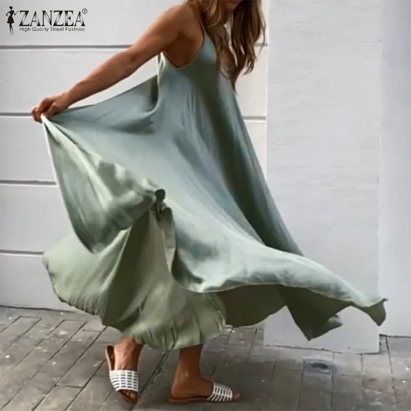 2021 ZANZEA Women Summer Dress Big Swing A Line Dresses Holiday Beach Sundress Sexy Sleeveless Solid Vestidos Party Robe Femme