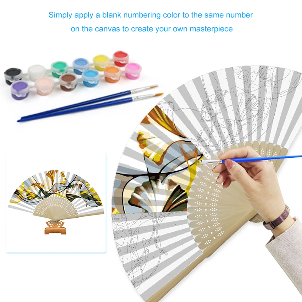 Handmade Oil Painting Ginkgo Leaf Folding Fan By Numbers DIY Painted Craft Home Decoration Gift Digital Oil Painting Fan