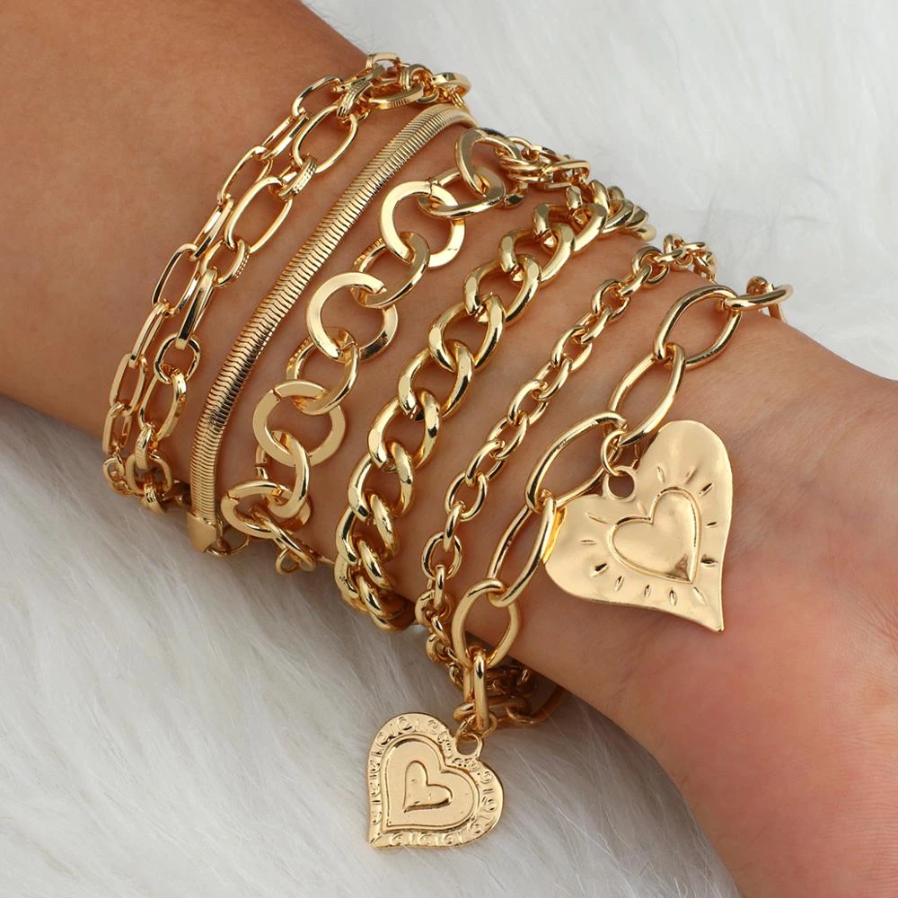 Flashbuy Trendy Gold Color Charm Bracelets for Women Men Metal Geometric Collocation Thick Chain Bracelets Hot Selling Jewelry