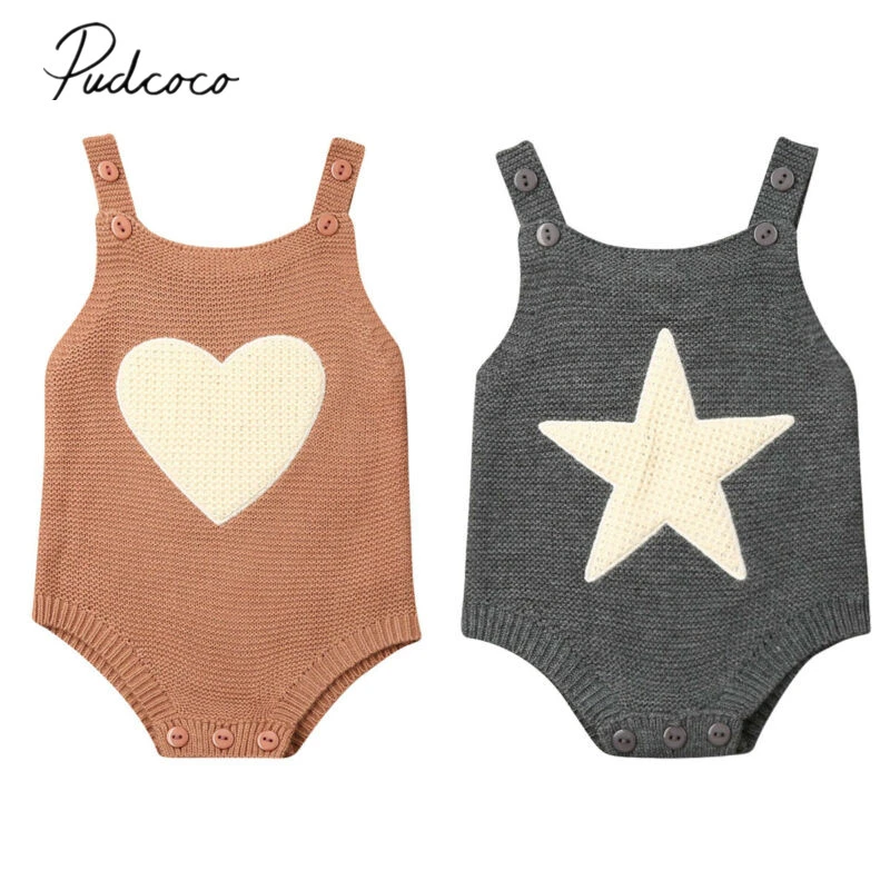 2019 Baby Spring Autumn  Clothing Newborn Infant Baby Boy Girl Knitted Bodysuit Jumpsuit Sleeveless Outfits Heart Star Clothes