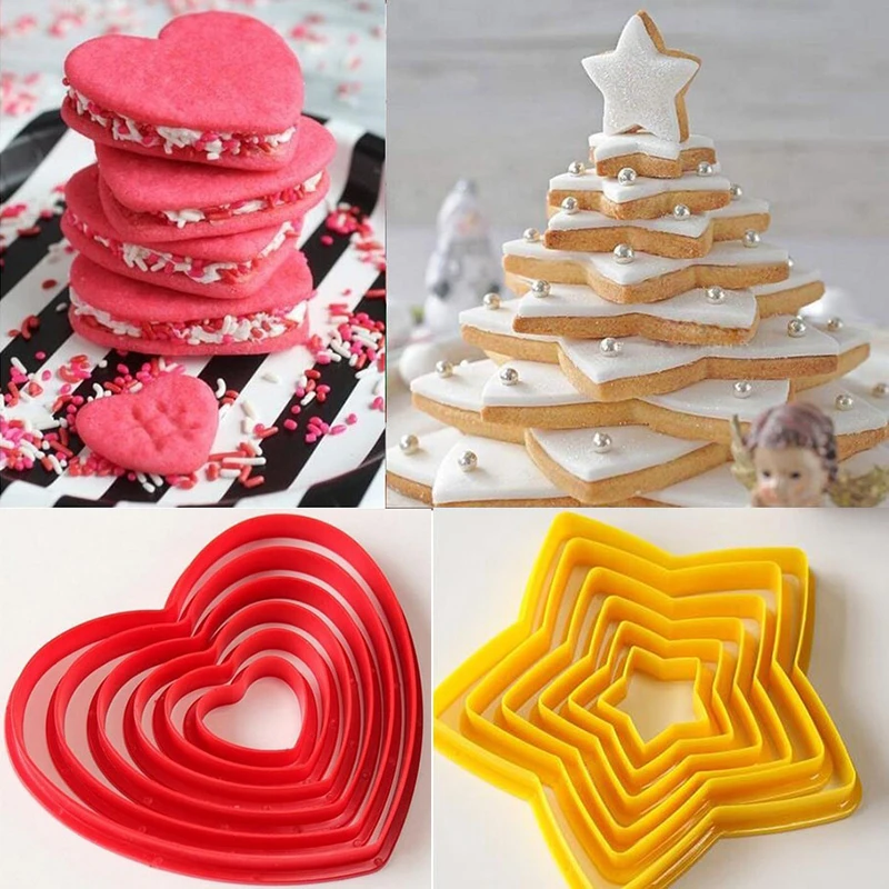 6Pcs/Se Star Love Shaped Plastic Christmas Cake Mold Biscuit Cutter Cookie Cutter Biscuit Stamp Fondant 3D Cake Decorating Tools