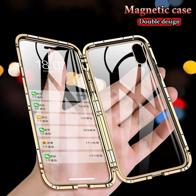 Double-Sided Metal Magnetic Adsorption Case For iPhone 12 11 13 Pro XS Max XR Glass Magnet Case For iPhone 7 8 6 Plus SE Cover