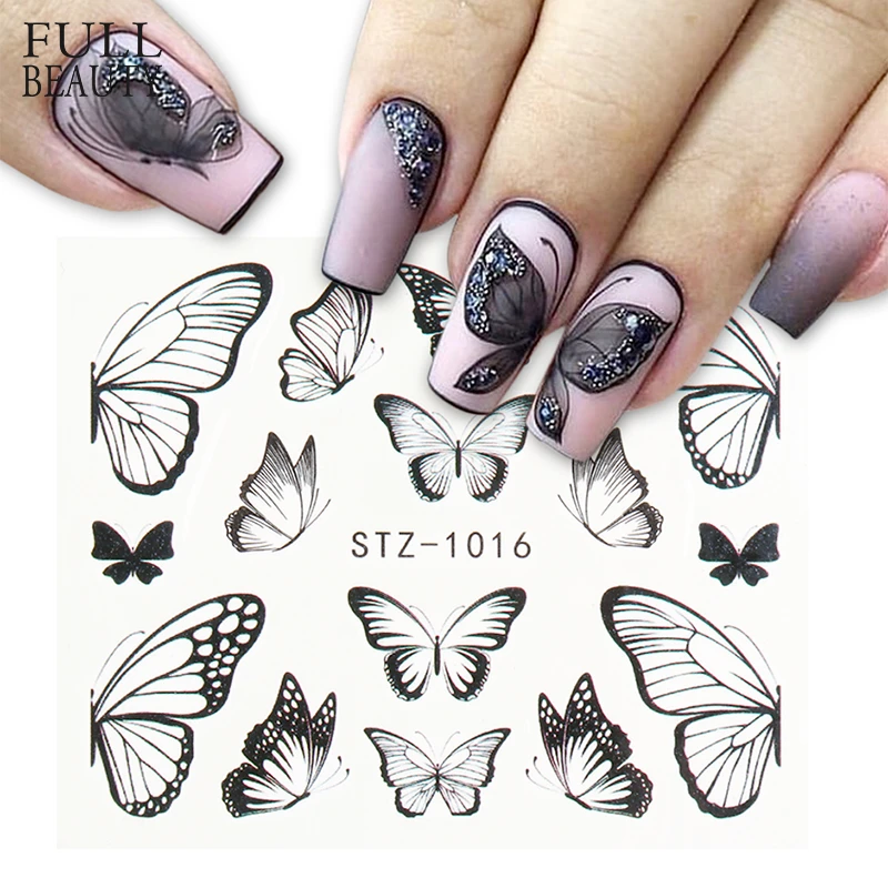 1pc Black Butterfly Nail Decals and Stickers Flower Blue Colorful Water Tattoo for Manicures Nail Art Slider Decor CHSTZ982-1017