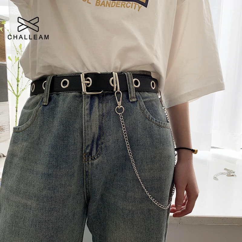 Women Belt Free Size Fashion Black PU Leather Belt With Chain For Female New Punk Style Pin Buckle Dress Jeans Decorative 162