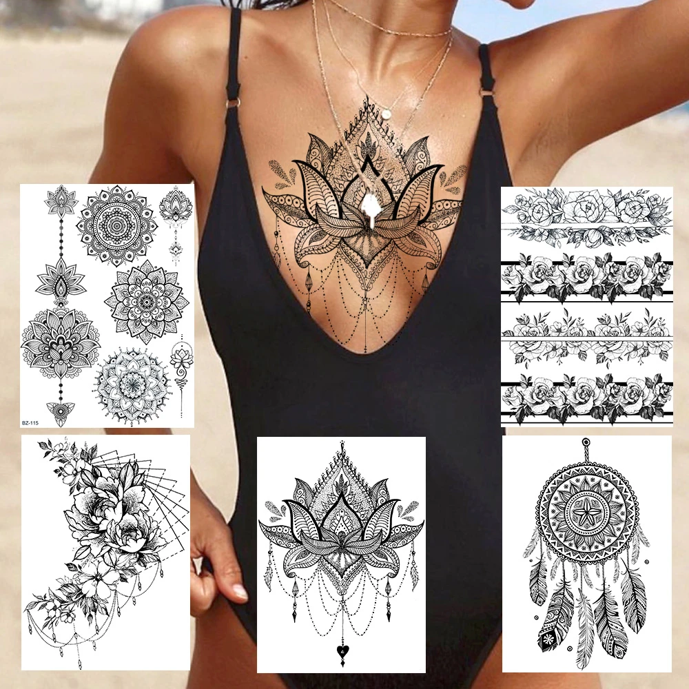 Sexy Lace Lotus Pendants Tattoos For Women Blach Henna Temporary Tattoo Sticker Water Transfer Fake Jewelry Bracelet Tatoo Paste