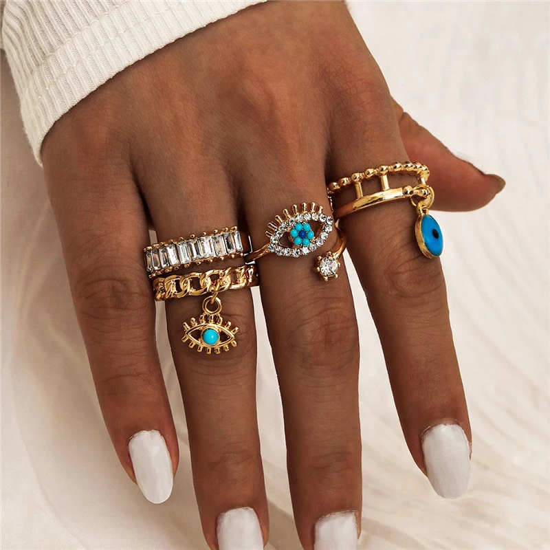 4Pcs/Set Gold Color Evil Eye Rings For Women Vintage Boho Crystal Knuckle Ring Set Female Party Jewelry Gift