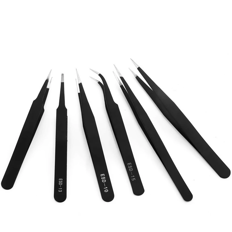 6Pcs Anti-static ESD Stainless Steel Tweezers Cutting Dies Tools Industrial Precision Curved Straight Tweezers