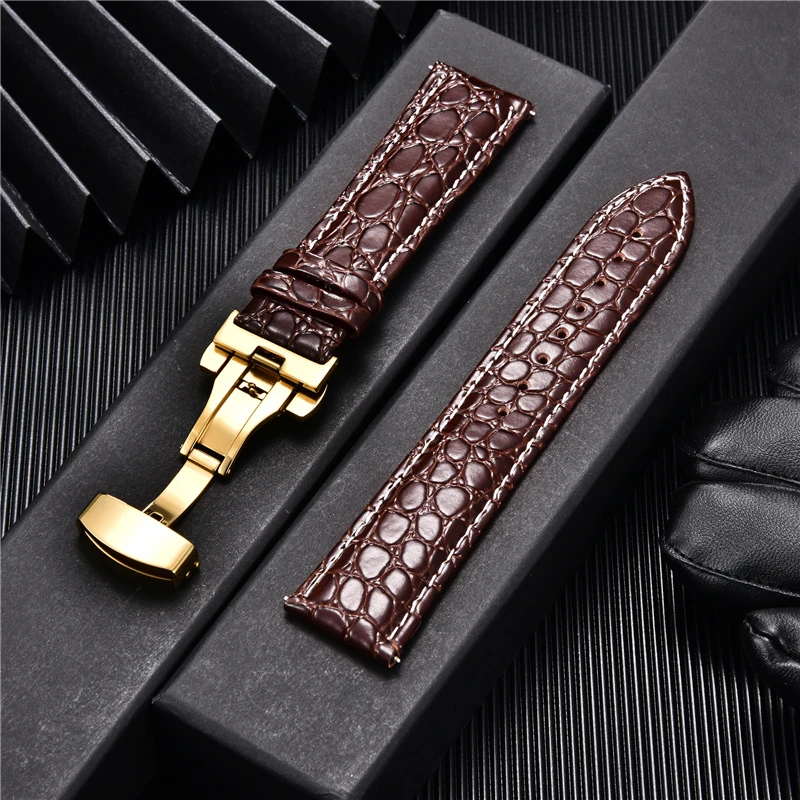 Crocodile Pattern Design Male Leather Watch Band with Stainless Steel Automatic Gold Buckle 18mm 20mm 22mm 24mm Watch Straps
