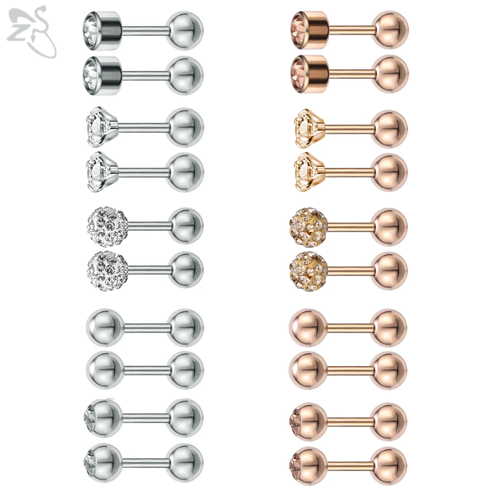 ZS 10 Pcs/lot 5 Style Crystal Stud Earrings For Women Girls Stainless Steel Tragus Helix Piercings Cubic Zirconia Earring Sets