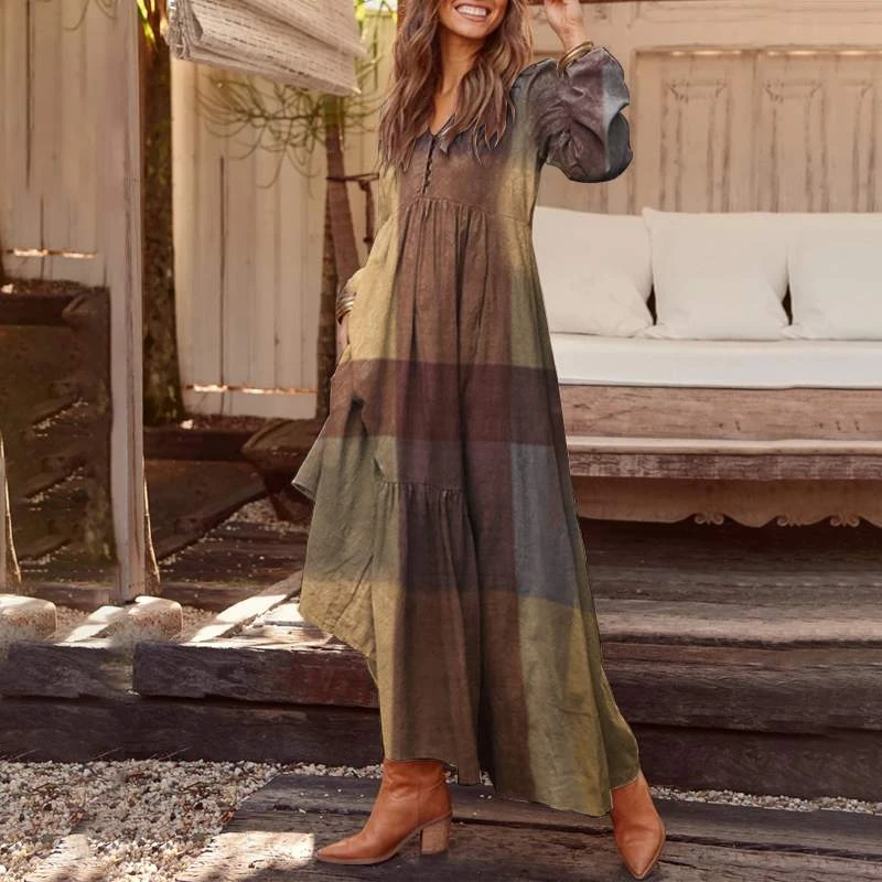 Autumn Long Sleeve Long Maxi Dress Women'Plaid Dress ZANZEA 2021 Casual Summer Sundress Loose Fashion Vestidos Party Robe