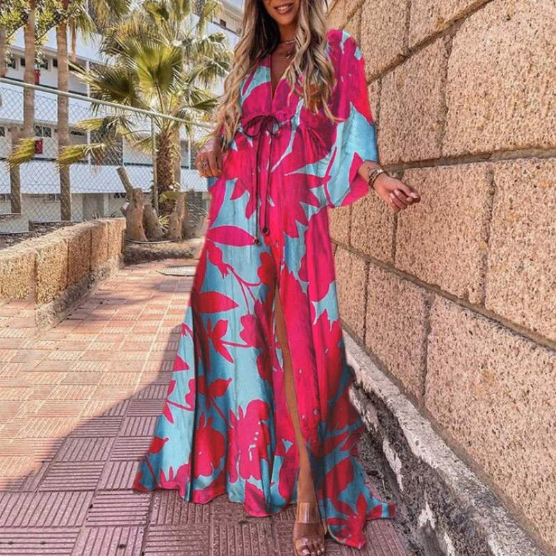 2021 Summer Sexy Slim Split Hem Maxi Dress Elegant Elastic Waist Button Beach Long Dress Women Fashion Print Deep V Boho Dresses