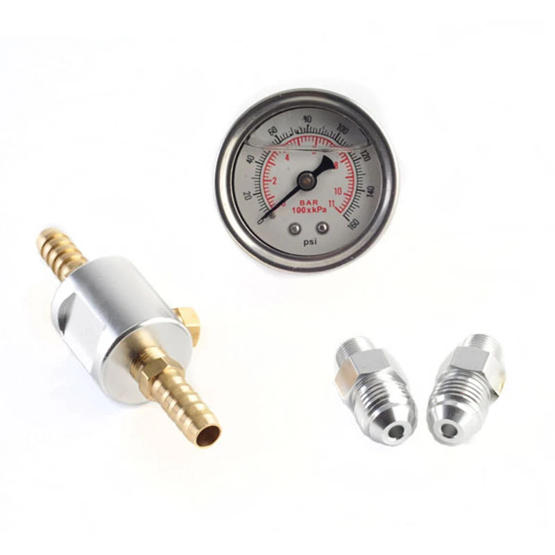 Universal 1/8 NPT Fuel Pressure Gauge Liquid Filled Polished Case 0-160 psi and adaptor kit For fuel injection systems