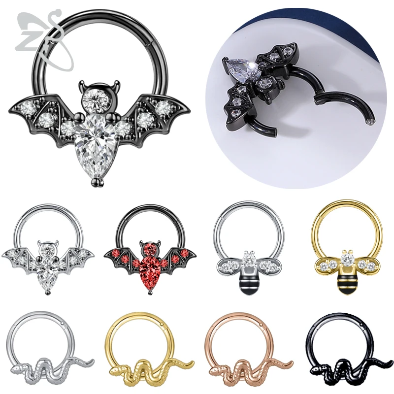 16g Stainless Steel Crystal Septum Nose Ring Hoop Nose Piecring Bat Bee Snake Septum Clicker Piercing Ear Tragus Cartilage Helix