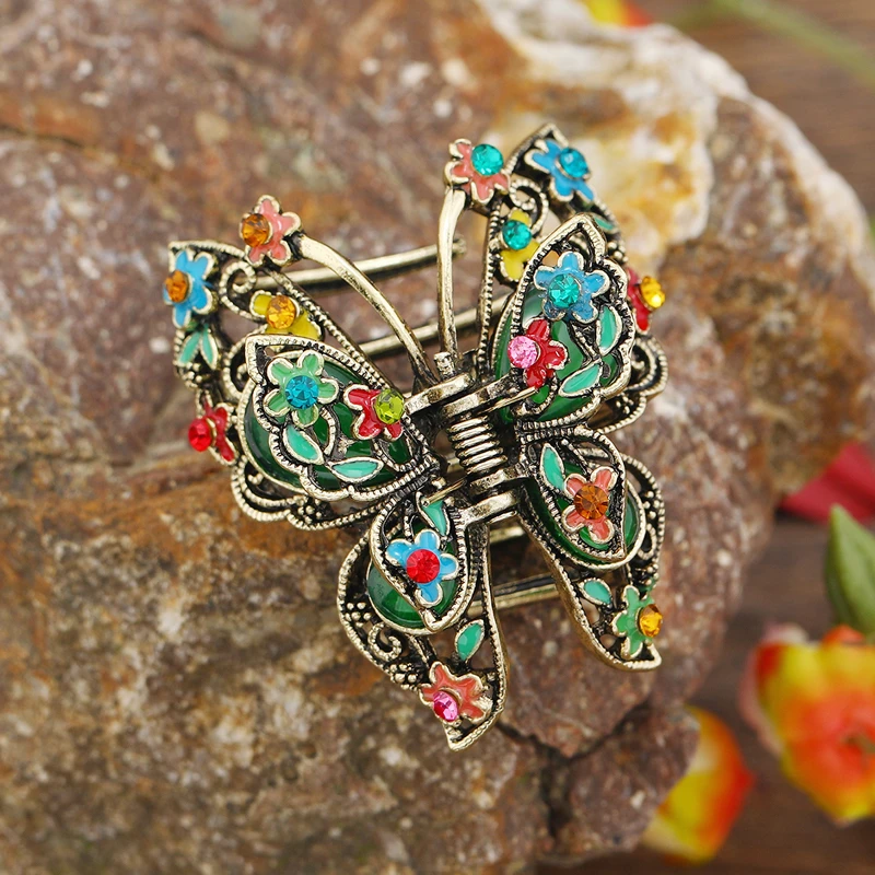 Morkopela Vintage Hair Claw Metal Butterfly Flower Hair Clip Accessories Women Banquet Hair Claw Crab Rhinestone Hair Jewelry