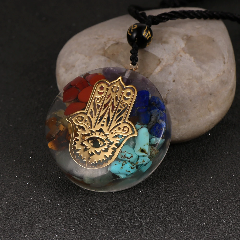 7 Chakras Natural Stone Chip Gravel Hand Oronge Necklace Healing Reiki Orgonite Energy Pendant Pendulum Epoxy Resin Jewelry