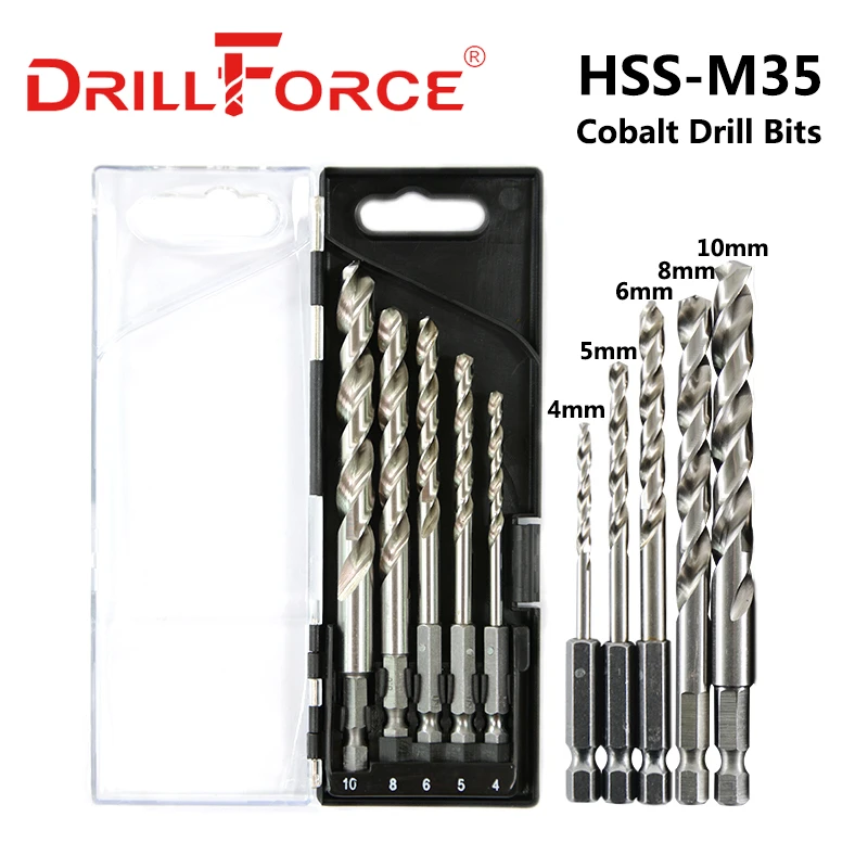 Drillforce 5PCS Cobalt Drill Bits HSS Twist M35 Drill Bit For Stainless Steel Drilling Set 4/5/6/8/10mm Quick Change Hex Shank