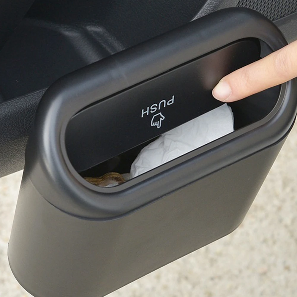 Car Trash Bin Hanging Vehicle Garbage Dust Case Storage Box Black Abs Square Pressing Type Trash Can Auto Interior Accessories