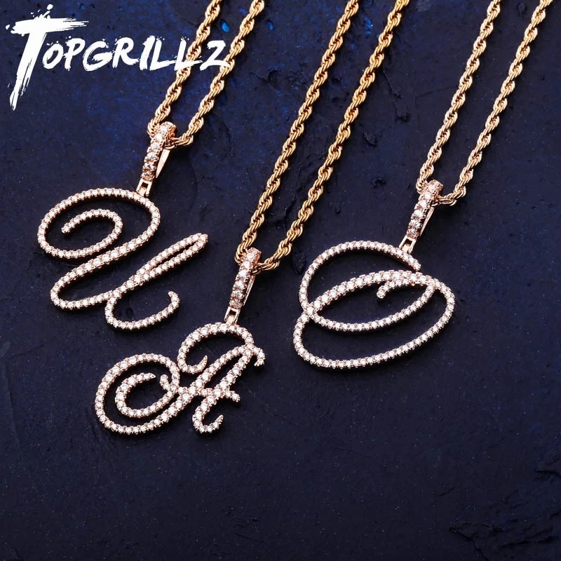 TOPGRILLZ New A-Z Cursive Letters Name Pendant&Necklace Iced Out Cubic Zircon Gold Silver Color Charm  Hip Hop Jewelry