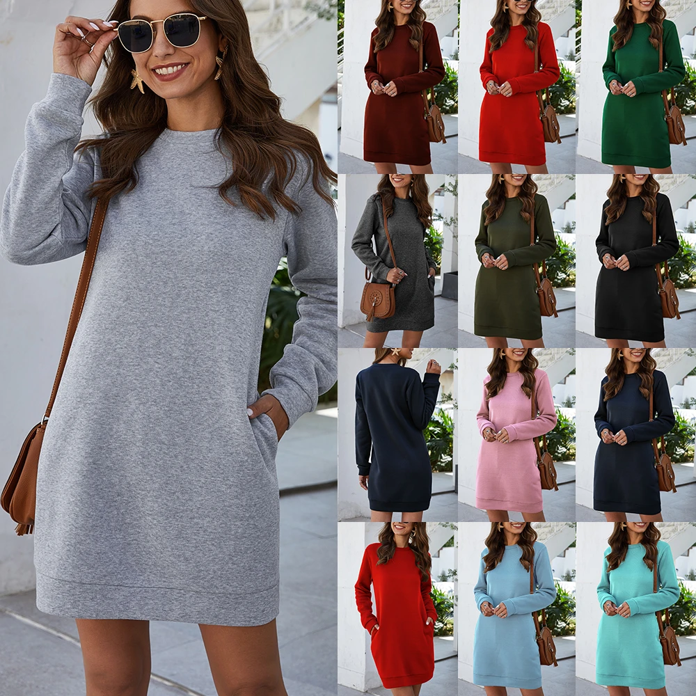 Autumn Winter Mini Dress Casual Solid O Neck Long Sleeve Basic Female Fashion Warm Short Dresses Vestidos Mujer New