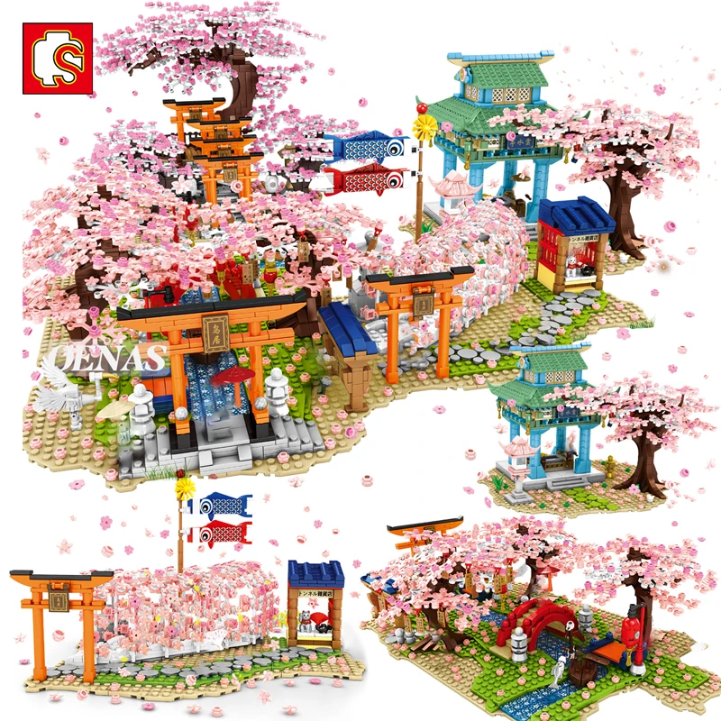 SEMBO City Creative Japanese Cherry Blossom Sakura Tree House Model Street Building Blocks MOC Kids Toys For Boys Children Gift