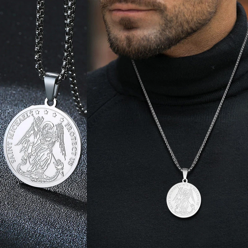 DEFEND US IN BATTLE SAINT MICHAEL MEDAL INSPIRATIONAL PENDANT FOR MEN STAINLESS STEEL SAINT MICHAEL PROTECT US NEKLACE 24INCH