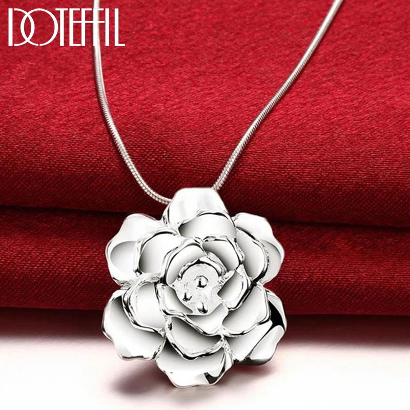 DOTEFFIL 925 Sterling Silver 18 Inch Snake Chain Flower Pendant Necklace For Women Fashion Wedding Party Charm Jewelry