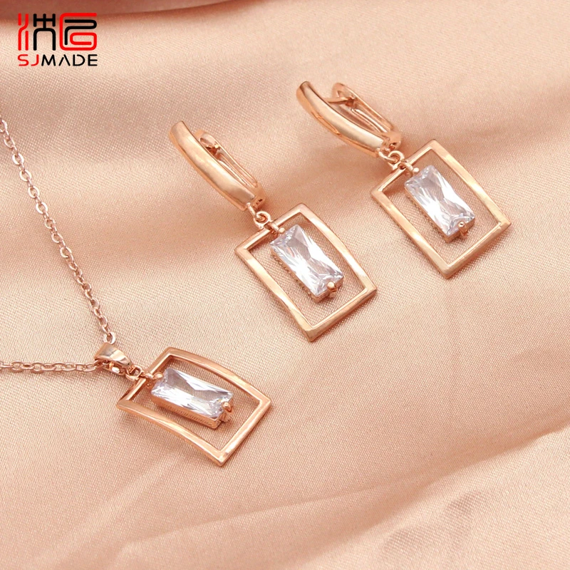 SJMADE Japanese South Korean Square Shaking Cubic Zirconia Dangle Earrings Pendant necklace Jewelry Sets For Women Jewelry