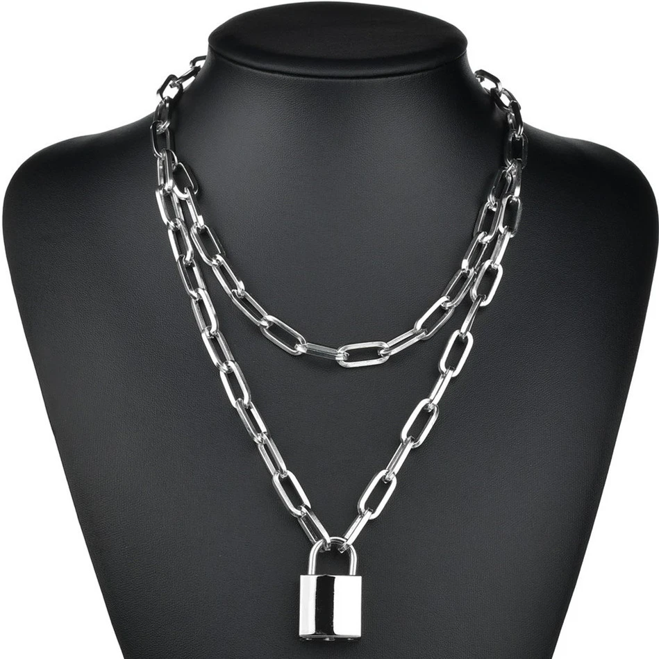 DIEZI Fashion Double layer Lock Gold Silver Color Chain Necklace Men Punk Link Chain Padlock Pendant Necklace For Women Jewelry