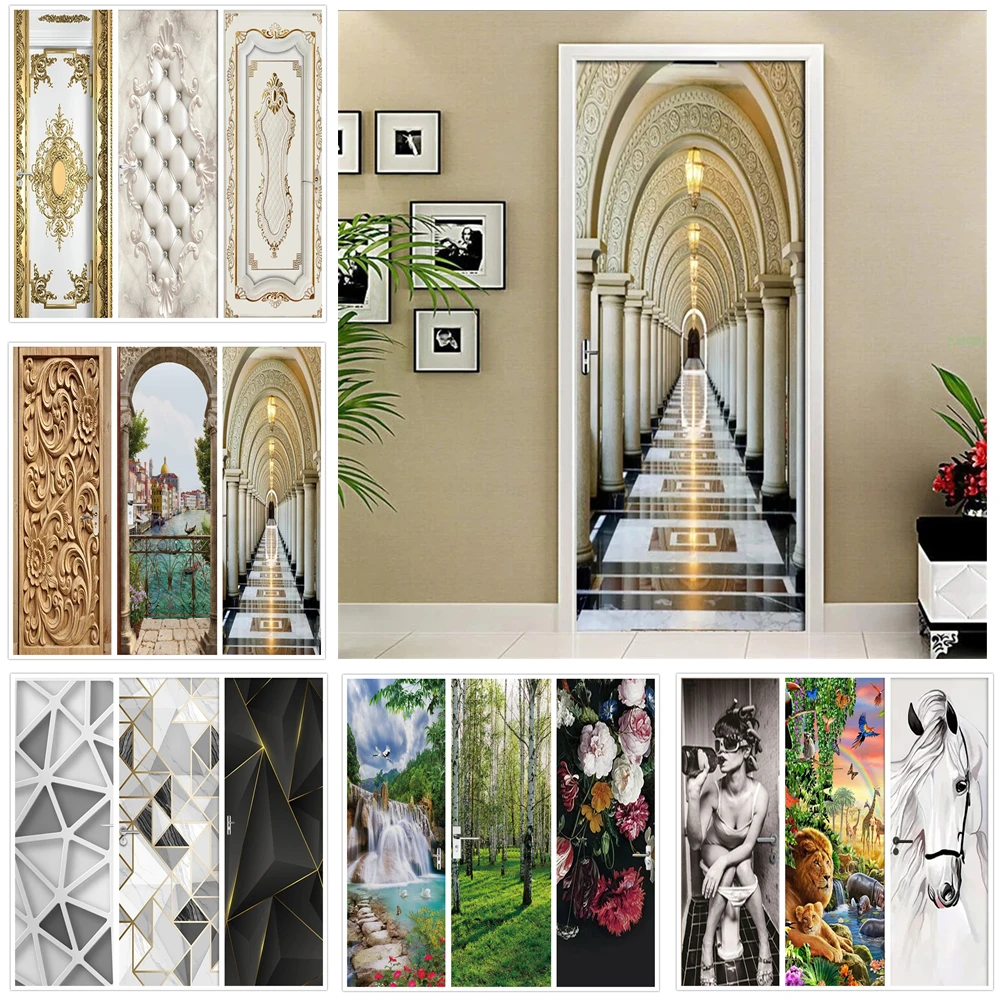 Corridor PVC Door Sticker Modern 3D DIY Abstract Fashion Wallpaper Living Room Art Door Poster Self-Adhesive Mural Stickers Home