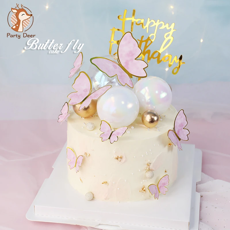 Biling Colourful pink Gold Butterfly Happy Birthday Cake Topper Wedding Bride Dessert Decoration for Birthday Party Lovely Gifts