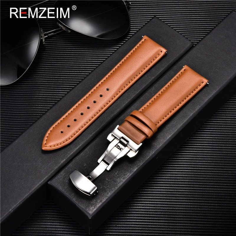 REMZEIM Calfskin Leather Watchband Soft Material Watch Band Wrist Strap 18mm 20mm 22mm 24mm Stainless Steel Butterfly Buckle