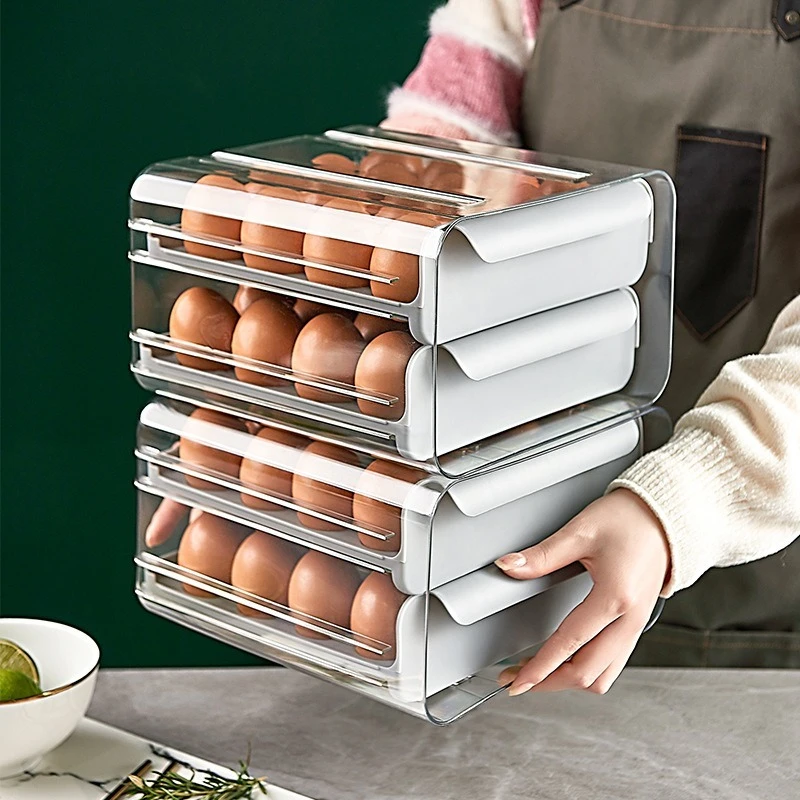 Kitchen drawer transparent double-layer 32-grid egg box refrigerator crisper portable picnic egg storage box  drawer organizer
