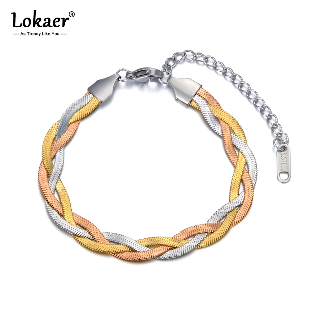 Lokaer Titanium Stainless Steel Bohemia Snake Chain Bracelets For Women Trendy Three-color Chains Cross Weave Bracelet B20126