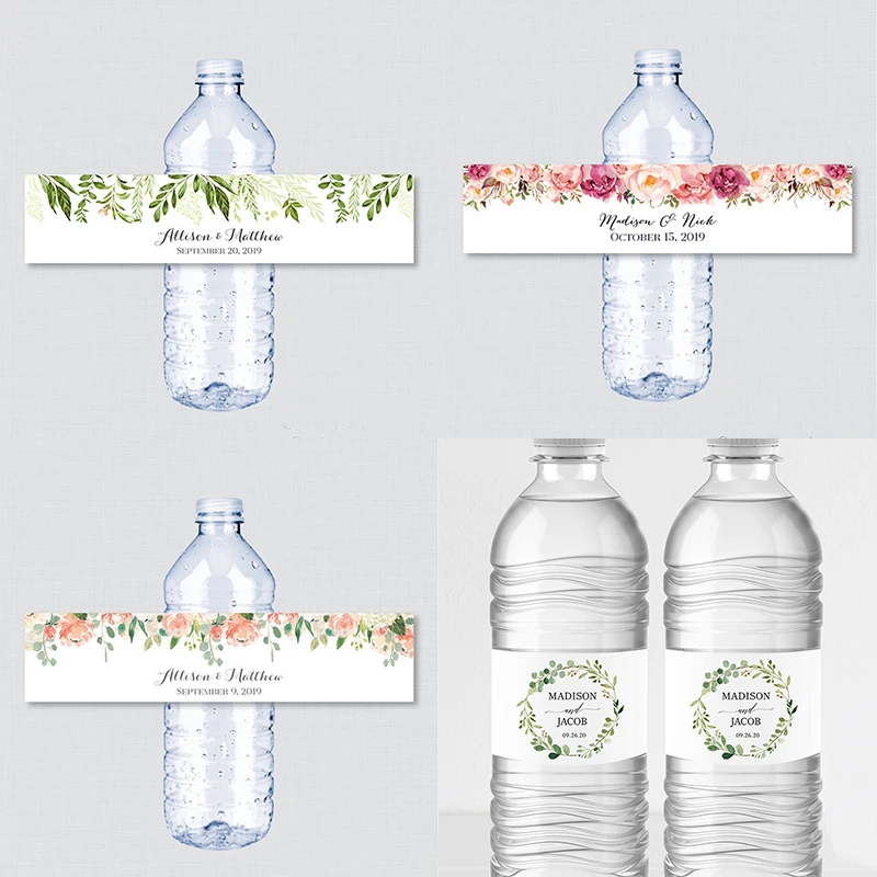 Printable Printed Greenery Wedding Water Bottle Labels - Green & White Custom Water Bottle Labels, Personalized Water Bottle