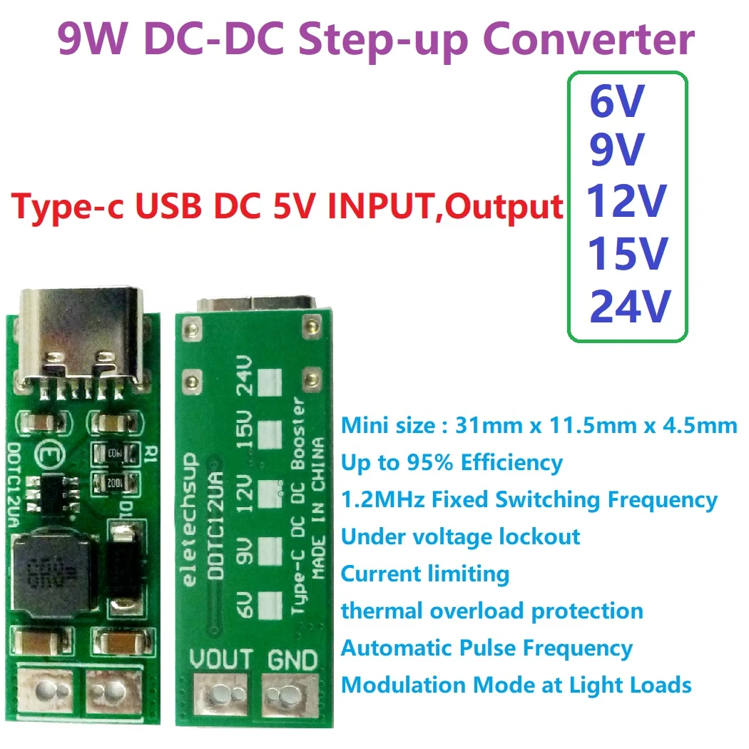 9W mini Type-C USB DC 5V to  6V 9V 12V 15V 24V DC DC Boost Step-up Converter  PWM PFM Voltage Regulator Module